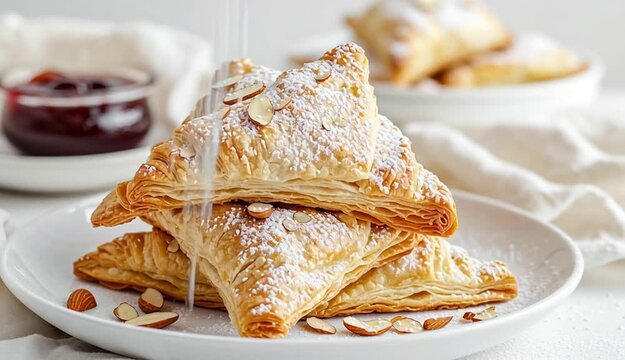Stack of golden puff pastry turnovers on white ceramic plate, triangle-shaped pastries dusted with powdered sugar