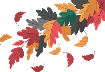 Autumn Oak Leaves Border with Falling Leaves &ndash; Flat Vector Illustration