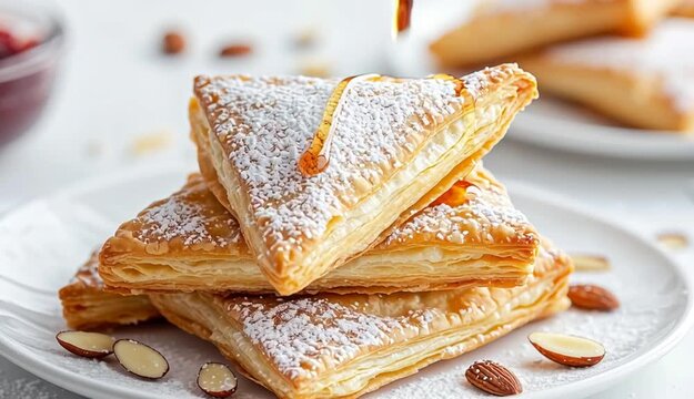 Stack of golden puff pastry turnovers on white ceramic plate, triangle-shaped pastries dusted with powdered sugar
