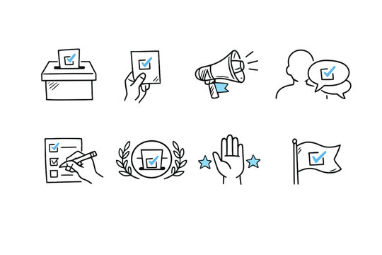 Collection of hand-drawn icons representing voting, elections, and civic engagement concepts