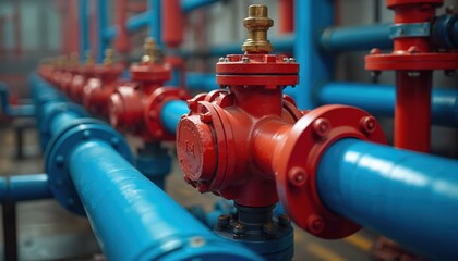 Complex industrial pipe system features red and blue valves and metal tubes. Heavy duty infrastructure connects pumps and machinery in a factory.