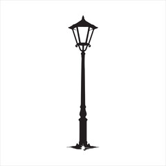 A solitary black silhouette of a vintage street lamp against a white background