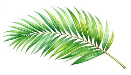 Obraz premium A vibrant, detailed illustration of a lush green palm frond, rendered with watercolor techniques, resting against a clean white backdrop