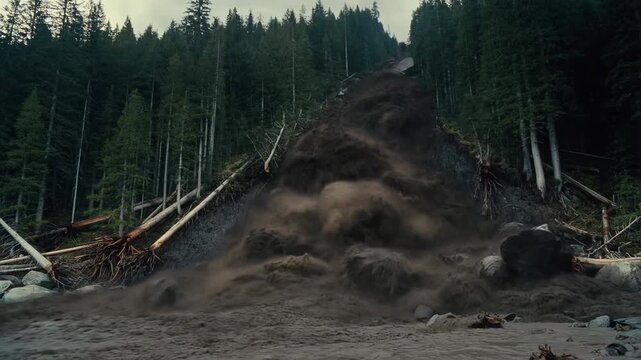 Powerful mudslide with chaotic flow of mud, rocks, and uprooted trees descending a steep forested hillside in slow motion