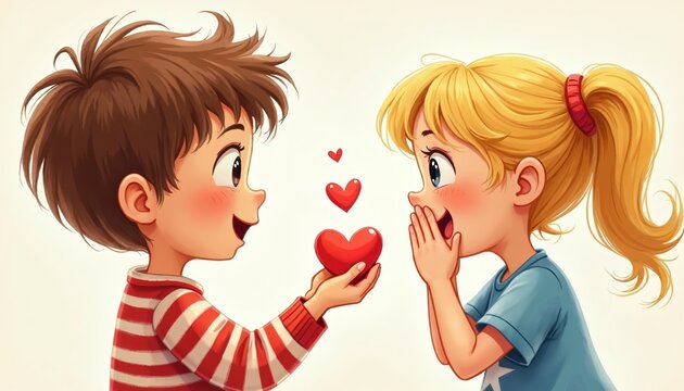 Young boy gives red heart to surprised girl. Kids share love, express affection and friendship. Cute cartoon characters celebrate romance, valentines day, pure emotions.
