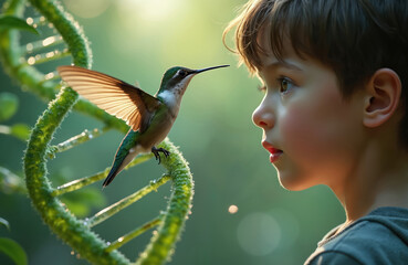 Fototapeta premium Young boy looks at hummingbird perched on DNA helix. Child and bird gaze at genetic helix strand in forest. Science meets nature, wonder and magic.