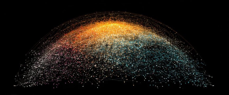 Abstract network of glowing data points forming an arch on a black background