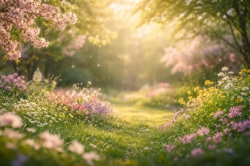 Obraz premium Dreamy Spring Flower Meadow with Sunlit Path