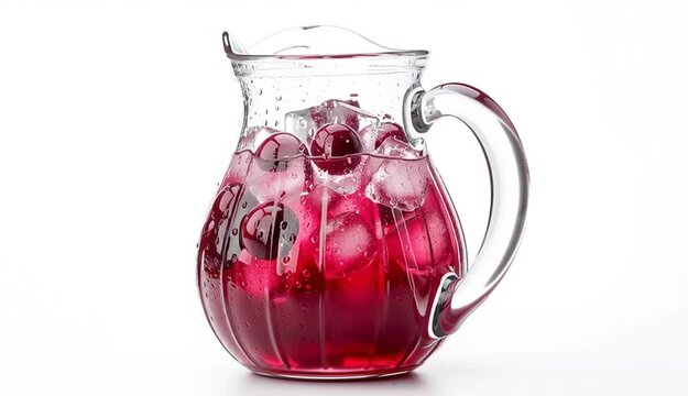 Glass pitcher filled with bright pink cranberry juice and ice cubes, clear transparent glass jug with handle, refreshing cold beverage, ice floating inside