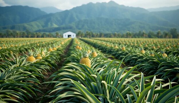 Pineapple plantation field with rows of ripe golden pineapples, agricultural landscape, one prominent pineapple in foreground with detailed texture, multiple rows extending to horizon