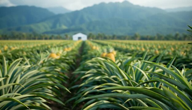 Pineapple plantation field with rows of ripe golden pineapples, agricultural landscape, one prominent pineapple in foreground with detailed texture, multiple rows extending to horizon