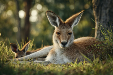 Fototapeta premium Peaceful wildlife scene of kangaroo resting on grass with soft sunlight and blurred forest background, capturing calm and natural beauty in wild environment