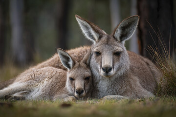 Fototapeta premium Peaceful wildlife scene of kangaroo mother resting with her joey on grass in natural forest environment, showing calm and gentle connection between animals