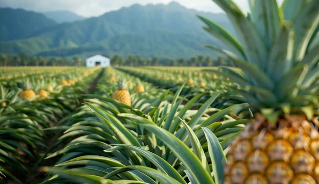 Pineapple plantation field with rows of ripe golden pineapples, agricultural landscape, one prominent pineapple in foreground with detailed texture, multiple rows extending to horizon