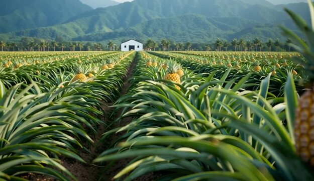 Pineapple plantation field with rows of ripe golden pineapples, agricultural landscape, one prominent pineapple in foreground with detailed texture, multiple rows extending to horizon