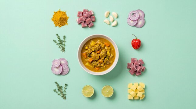 Minimalist Knolling Flat Lay of Guadeloupean Colombo de Cabri Goat Curry Ingredients