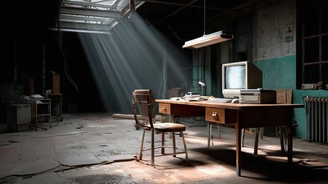 Sunlit Abandonment: A forgotten workspace bathed in a beam of sunlight. The scene is haunted by the past, with remnants of office equipment left behind, evoking a sense of time's passage. 