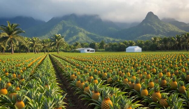 Pineapple plantation field with rows of ripe golden pineapples, agricultural landscape, one prominent pineapple in foreground with detailed texture, multiple rows extending to horizon