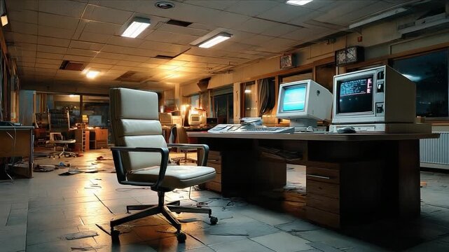 Old computer office: Step into a time capsule, the retro interior of a deserted office. The dim light casts shadows on the obsolete technology that once powered progress. A quiet solitude.