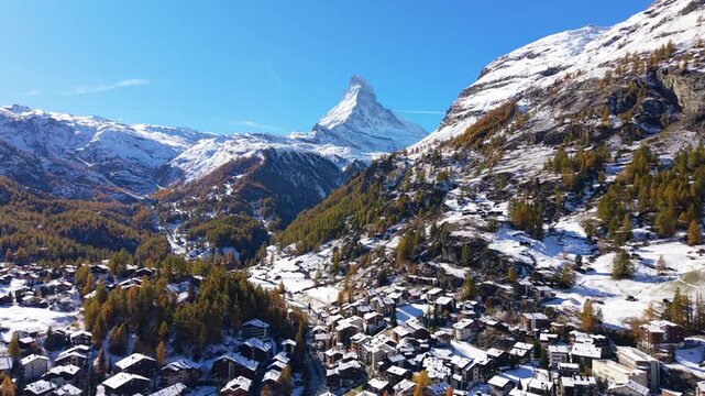 Aerial view of Zermatt townscape and Matterhorn mountain. Zermatt, Valais, Switzerland.