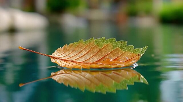Serene Leaf Floating on Water: A delicate leaf gently drifts atop the tranquil surface of the water, its intricate details and colors mirrored in the reflection below.
