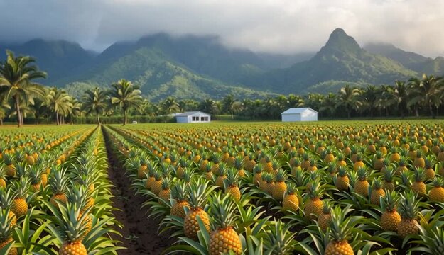 Pineapple plantation field with rows of ripe golden pineapples, agricultural landscape, one prominent pineapple in foreground with detailed texture, multiple rows extending to horizon