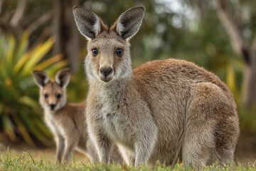 Fototapeta premium Close up of mother kangaroo with joey in background standing on grass in natural outdoor setting, showing detailed fur texture and alert expression
