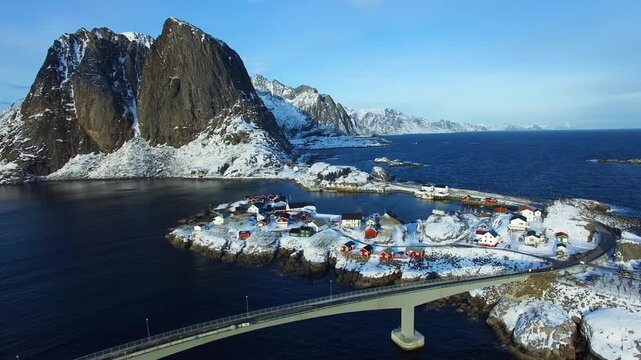 Aerial view of Lofoten island Norway. winter fly on fishing village of Hamnoy 