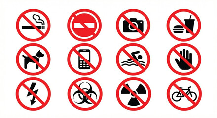 A comprehensive collection of universal prohibition signs indicating various forbidden actions
