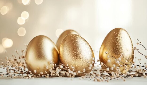 Three golden metallic Easter eggs arranged on right side with delicate dried flower branches, willow stems, light cream white background with soft bokeh lights