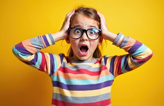 Small girl with glasses makes shocked face holding head. Young kid in striped sweater expresses surprise and fear against yellow background. Child feels stressed.