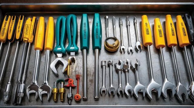 Assortment of Mechanic Tools: An organized array of hand tools, including wrenches, screwdrivers, and more, neatly arranged on a metallic tray, representing tools for various mechanic work. 