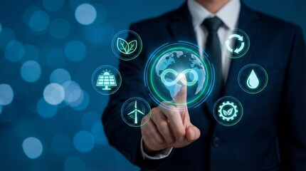 Businessman touching virtual circular economy interface with sustainable green energy icons