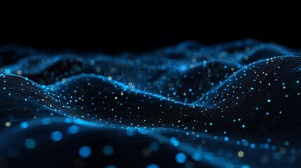 Dynamic blue wave pattern with glowing particles on dark background