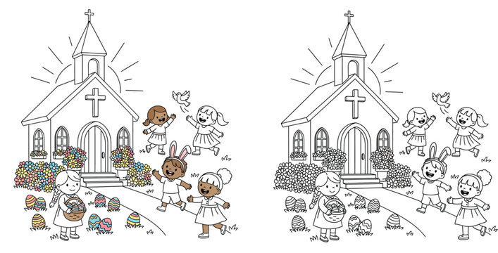 Happy children celebrating Easter in front of church with eggs, religious vector illustration with black and white coloring page outline.