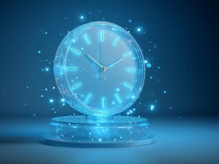 Glowing blue clock on pedestal with sparkling particles around it