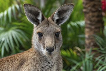 Fototapeta premium Young kangaroo with upright ears and gentle expression in natural green environment