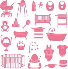 Pink baby items silhouette icon set for nursery or kids room decor