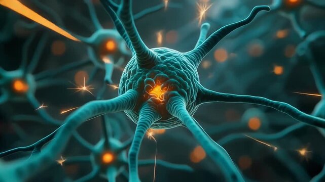 Artistic neurons firing signals together. Suitable for science, technology, or medical concepts in presentations, articles, and educational materials.