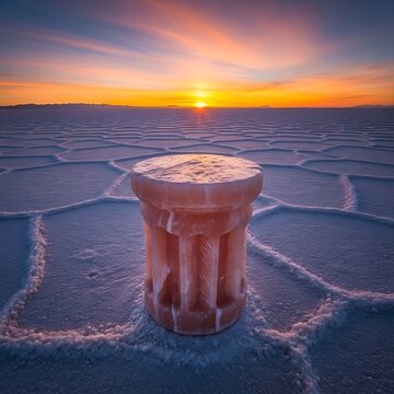 Unique salt sculpture in bolivian salt flats during sunset, magical scenics