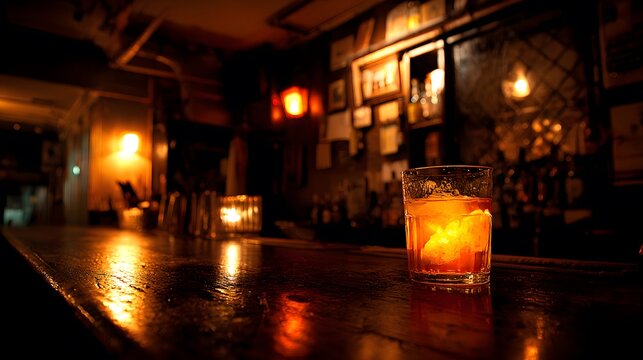 Cozy atmosphere inside a bar featuring a glass of cocktail with an orange slice