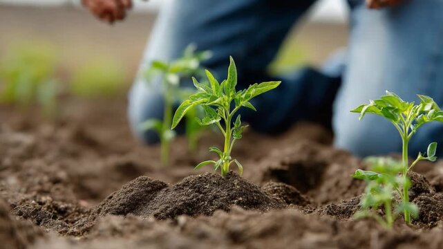 Nurturing New Beginnings: A close-up view captures a moment of growth and care as a person tends to delicate seedlings, highlighting the symbiotic relationship between nature and human cultivation.
