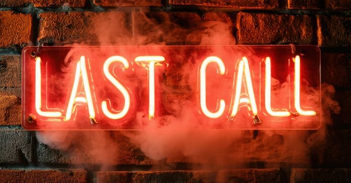 Bright neon sign displays Last Call. Red glow emanates from lettering, surrounded by smoky haze against brick wall. Dramatic lighting.
