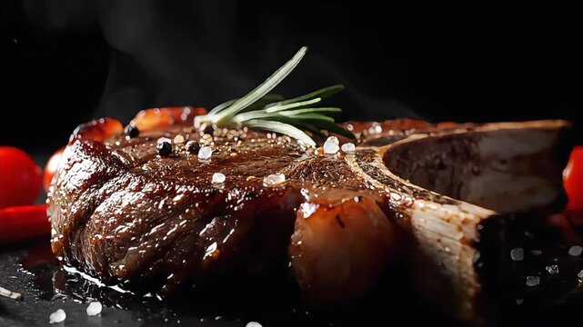 Delicious Hot Grilled Beef T-bone Steak with Herbs and Vegetables