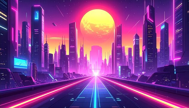 Retro futurism city illustration featuring neon skyscrapers, glowing highways, and a giant sun inspired by vintage science fiction aesthetics and futuristic urban concepts.