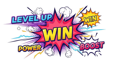 Obraz premium Comic style win message with power boost and level up text in dynamic illustration