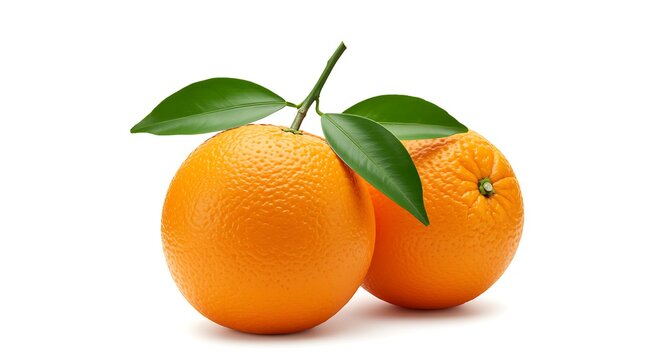 Two oranges with green leaves on a white background
