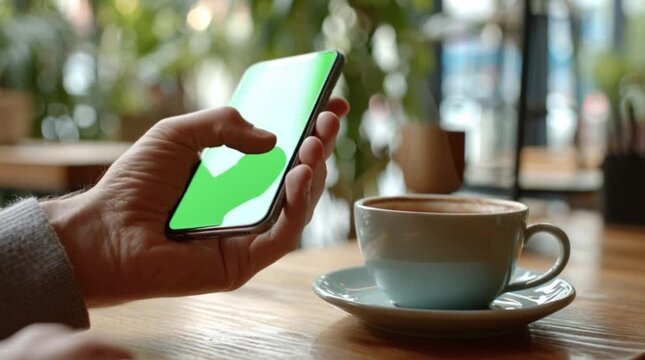 Person holding a smartphone with a bright green screen, ideal for custom digital content or interactive applications, enjoying coffee in a contemporary cafe setting