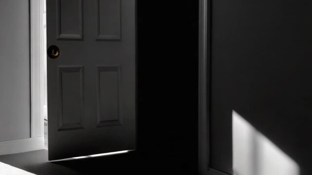 Doorway to Darkness: A stark contrast of light and shadow paints a scene of mystery, with a doorway partially ajar, inviting contemplation and curiosity.