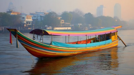 Fototapeta premium A colorful traditional longtail boat gracefully gliding on the river at sunrise. The boat is empty, it has a beautiful design and vibrant colors, and the background has a touch of fog 